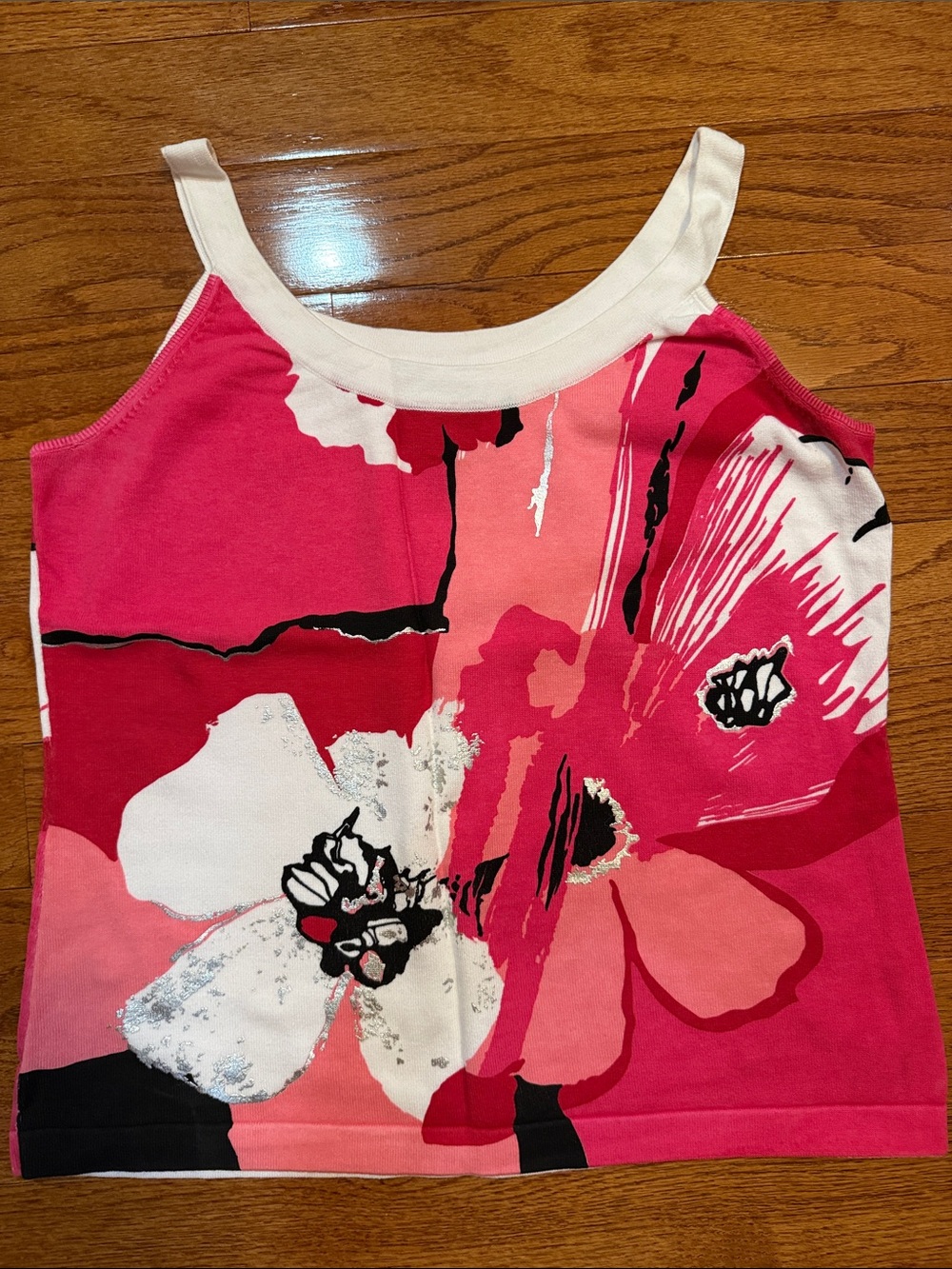 berek Pink Floral Graphic Tank with Cream Trim